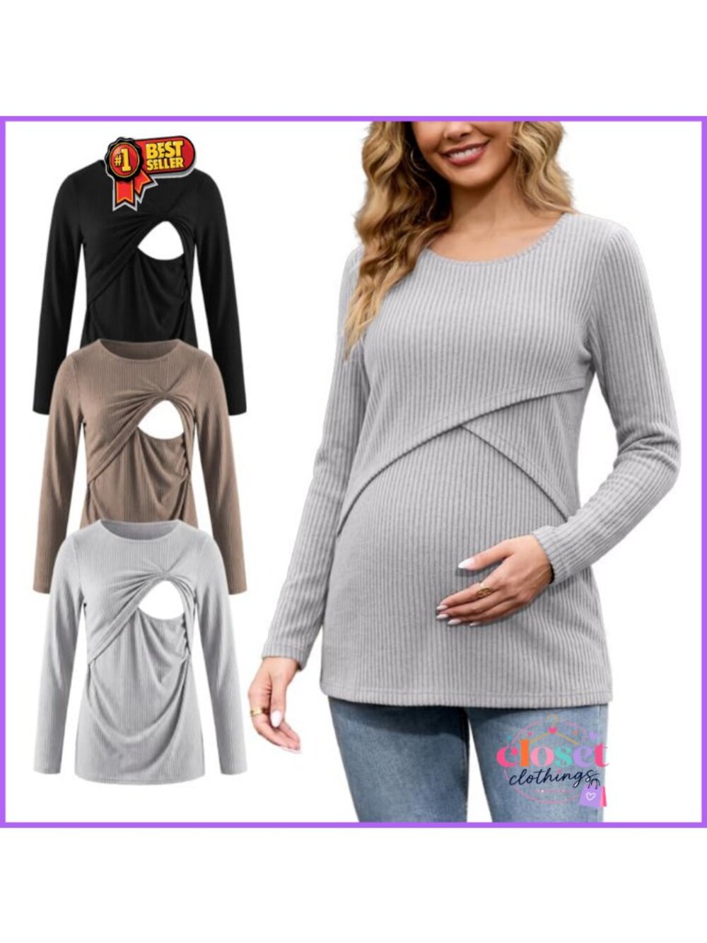 Maternity Nursing Tops 3 Pack Ribbed Long Sleeve Lift Up Breastfeeding Shirt